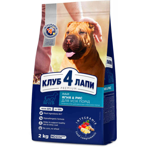 Сухий корм Клуб 4 Лапи Adult All Breeds Premium для дорослих собак всіх порід, з ягням і рисом, 2 кг