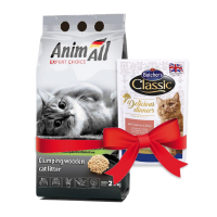 Древесный наполнитель AnimAll комкующийся, для кошек, 2.1 кг + подарок Древесный наполнитель AnimAll комкующийся, для кошек, 2.1 кг + подарок