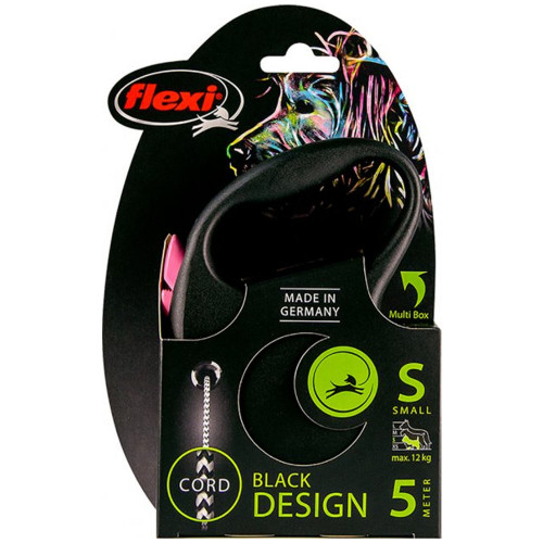 Поводок-рулетка Flexi Black Design S для собак до 12 кг, 5 м, трос, розовая