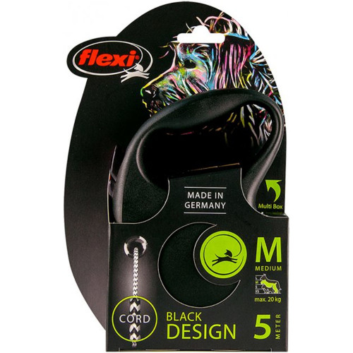 Поводок-рулетка Flexi Black Design M для собак до 20 кг, 5 м, трос, черная