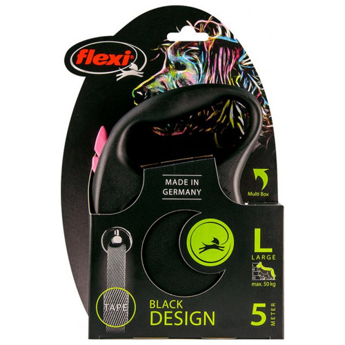 Поводок-рулетка Flexi Black Design L для собак до 50 кг, 5 м, лента, розовая