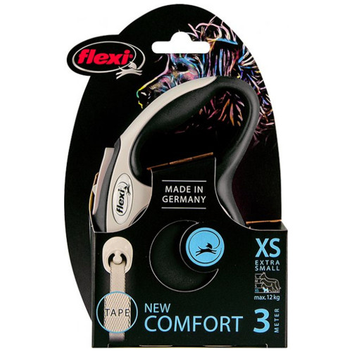 Поводок-рулетка Flexi New Comfort XS для собак до 12 кг, 3 м, лента, чёрный