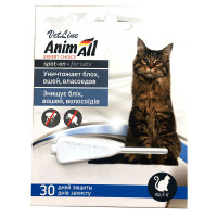 Капли AnimAll VetLine Спот-Он против блох, вшей, власоедов, для котов от 4 до 10 кг, 1 мл Капли AnimAll VetLine Спот-Он против блох, вшей, власоедов, для котов от 4 до 10 кг, 1 мл