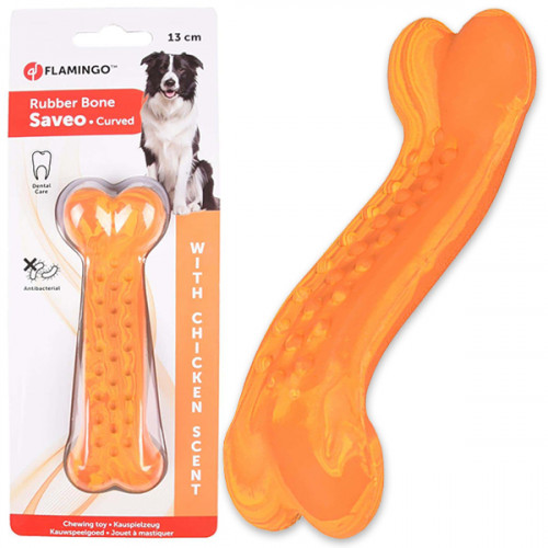 Игрушка жевательная Flamingo Rubber Saveo Curved Bone Chicken, вкус курицы, для собак, 13×4 см
