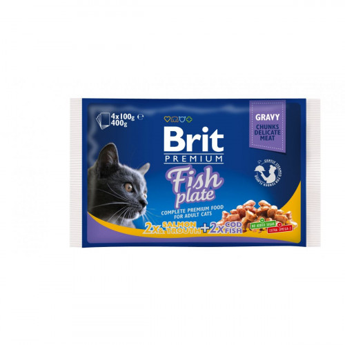 Вологий корм Brit Premium Cat набір паучей, для кішок, рибна тарілка в соусі, 4 шт, 100 г