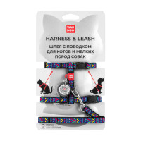 Шлея с поводком Waudog Nylon, для котов, с QR паспортом, рисунок Инди, 10 мм, 122 см, 20-30 см/25-40 см Шлея с поводком Waudog Nylon, для котов, с QR паспортом, рисунок Инди, 10 мм, 122 см, 20-30 см/25-40 см