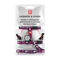 Шлея с поводком Waudog Nylon, для котов, с QR паспортом, рисунок розовый камо, 10 мм, 122см, 20-30 см/25-40 см