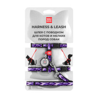 Шлея с поводком Waudog Nylon, для котов, с QR паспортом, рисунок камо, 10 мм, 122 см, 20-30 см/25-40 см
