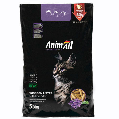 Древесный наполнитель AnimAll с ароматом лаванды, для кошек, 5 кг + 300 г в подарок
