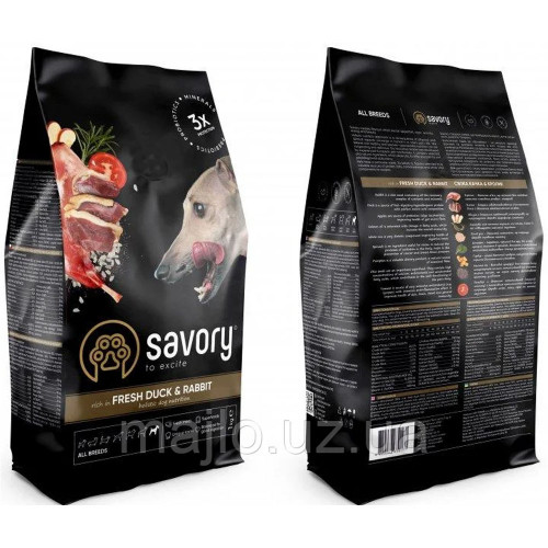 Сухий корм для собак усіх порід Savory, зі свіжим м’ясом качки та кроликом, 1 кг