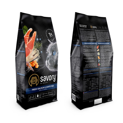 Сухий корм для довгошерстих котів Savory, зі свіжим лососем і білою рибою, 2 кг