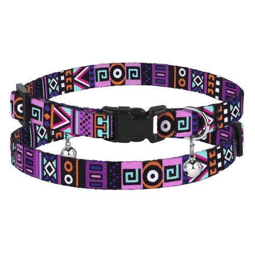 Ошейник BronzeDog Urban, для кошек, нейлоновый, колокольчик, принт этнический, фиолетовый, 18-28×1 см