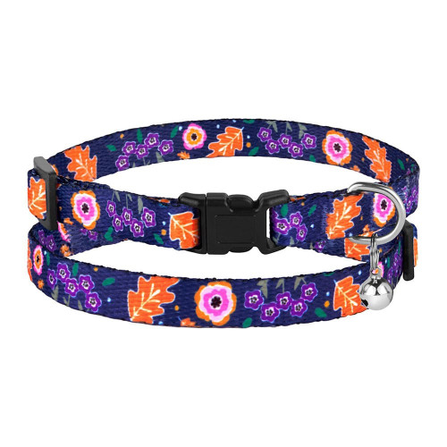 Ошейник BronzeDog Urban, для кошек, нейлоновый, колокольчик, принт цветы, синий, 18-28×1 см