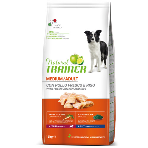 Корм Trainer Natural Super Premium для дорослих собак середніх порід, свіжа курка, рис і алое вера, 12 кг