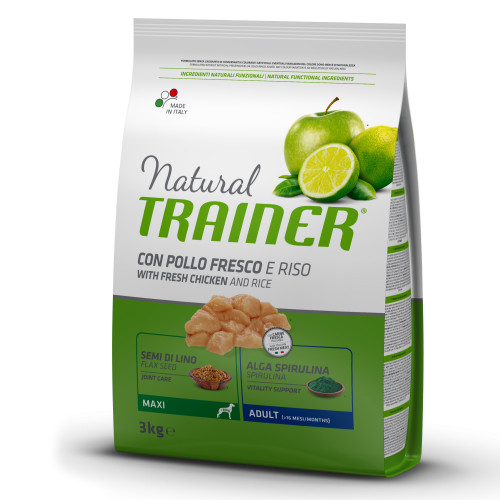 Корм Trainer Natural Super Premium для дорослих собак великих порід, свіжа курка, рис і алое вера, 3 кг