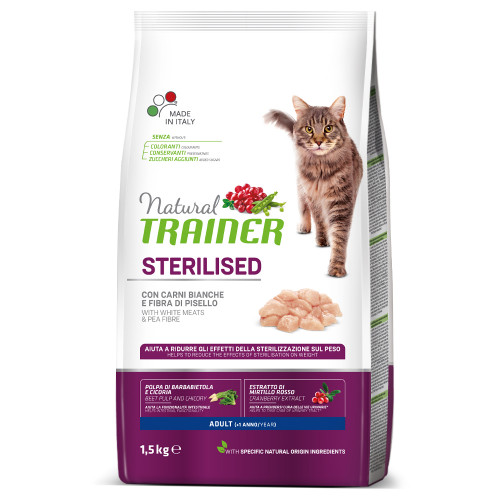 Корм Trainer Natural Super Premium для взрослых стерилизованных кошек от 1 года, с белым мясом, 1.5 кг