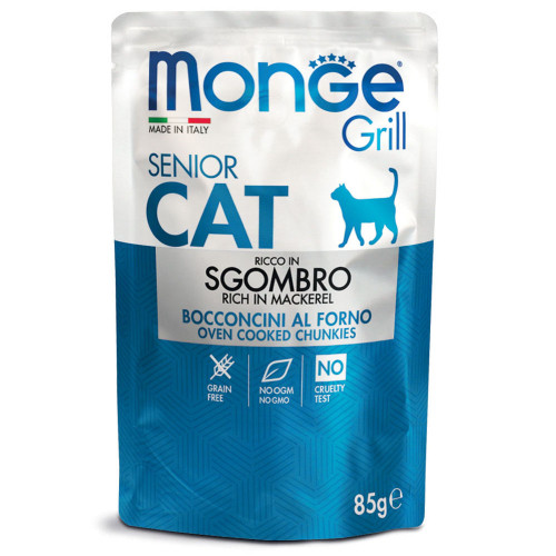 Влажный корм Monge Cat Grill Senior для кошек, запеченные кусочки в соусе, с макрелью, 85 г