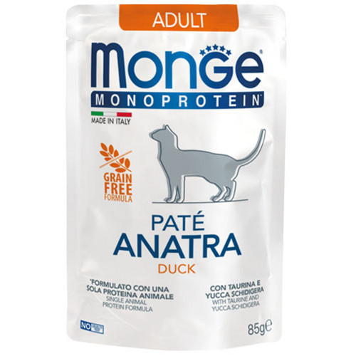 Вологий корм Monge Cat Monoprotein Adult для дорослих котів, паштет, з качкою, 85 г