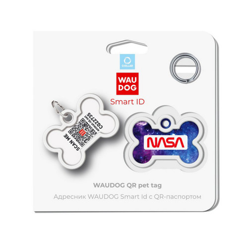 Адресник WAUDOG Smart ID c QR паспортом для собак і котів, металевий, малюнок "NASA21", кістка, 40×28 мм