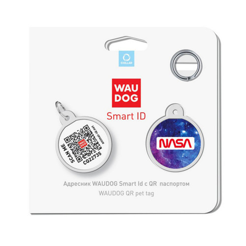 Адресник WAUDOG Smart ID c QR паспортом для собак і котів, металевий, малюнок "NASA21", коло, 25 мм