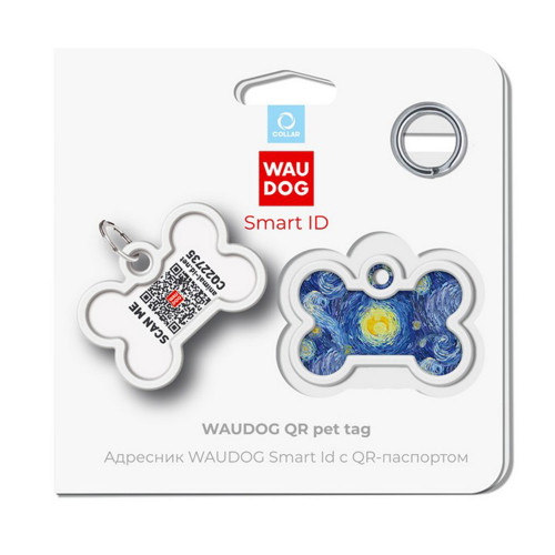 Адресник WAUDOG Smart ID c QR паспортом для собак і котів, метал, малюнок "Водяні лілії", кістка, 40×28 мм