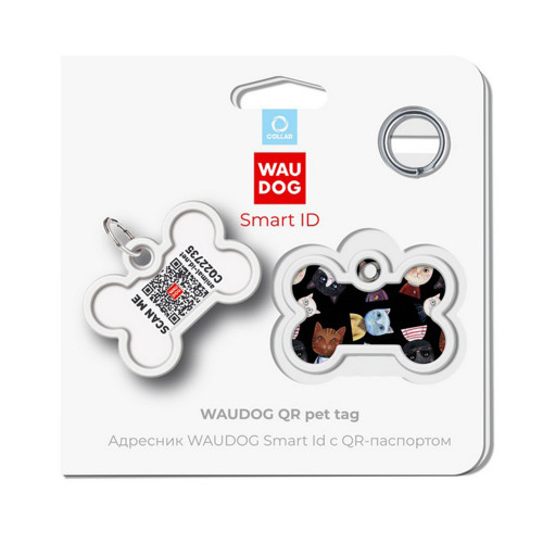 Адресник WAUDOG Smart ID c QR паспортом для собак и котов, металлический, рисунок "Коты", кость, 40×28 мм