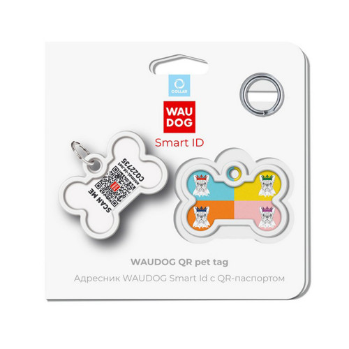 Адресник WAUDOG Smart ID c QR паспортом для собак і котів, метал, "Французький бульдог", кістка, 40×28 мм