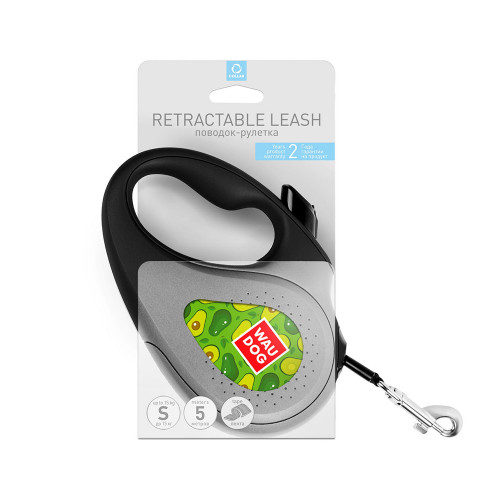 Повідець-рулетка WAUDOG R-leash для собак, малюнок Авокадо, S, до 15 кг, 5 м, стрічка, чорний