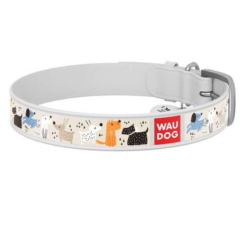 Ошейник WAUDOG Design с рисунком "Собачки на прогулке", пряжка металл, ширина 20 мм, длина 30-39 см, белый