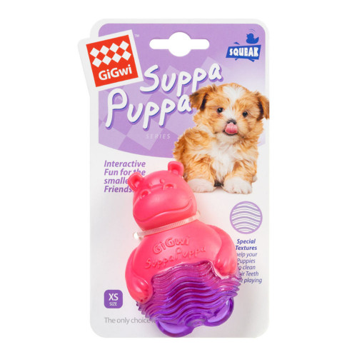 Іграшка GiGwi Suppa Puppa, для цуценя, для зубів, бегемотик з пищалкою, гума, 9 см