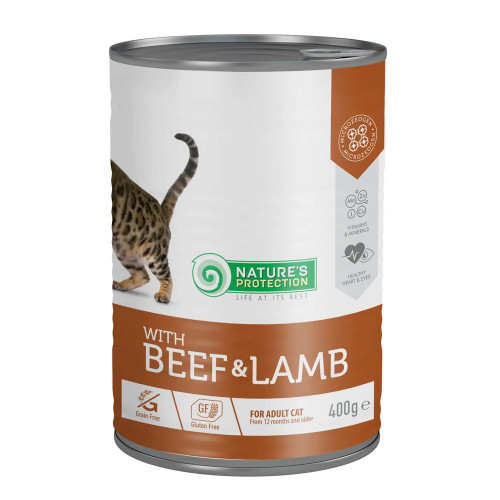 Консерви Natures Protection Cat Adult Beef&Lamb для котів, з яловичиною та ягням, 400 г