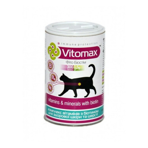 Витамины Vitomax для оздоровления блестящей шерсти кошек, 300 таб