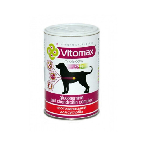 Витамины Vitomax противовоспалительные для суставов собак, с глюкозамином и хондротионином, 75 таб