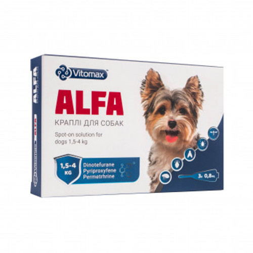 Капли Vitomax ALFA противопаразитарные, для собак весом от 1.4 до 4 кг, 0.8 мл, 3 пипетки