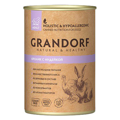 Консерви Grandorf Rabbit&Turkey для дорослих собак, з м'ясом кролика та індички, 400 г