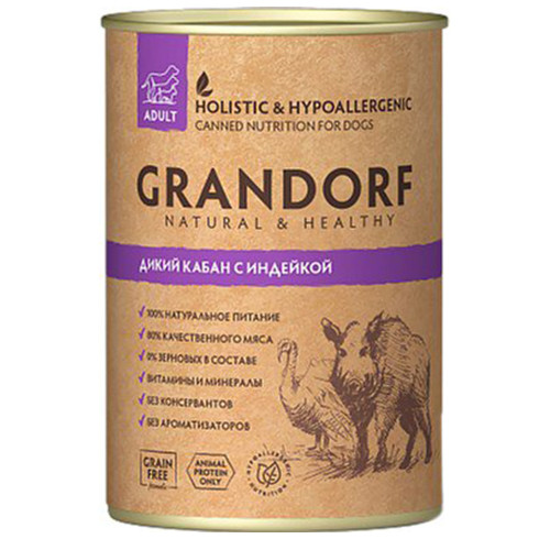 Консерви Grandorf Wild Boar&Turkey для дорослих собак, з м'ясом дикого кабана та індички, 400 г