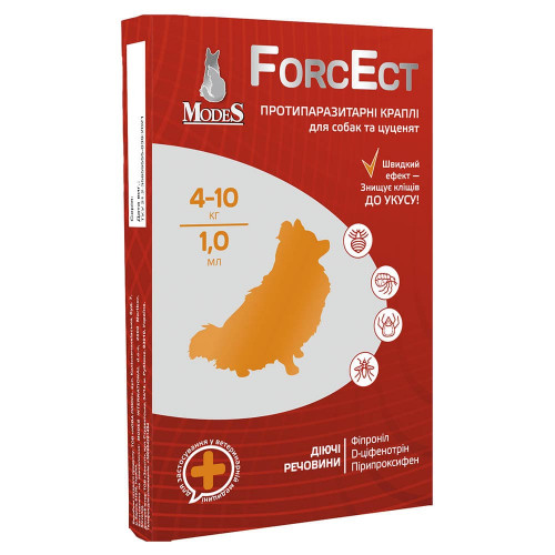 Краплі Modes ForcEct протипаразитарні для собак та цуценят вагою 4-10 кг, 1 мл, ціна за 1 піпетку