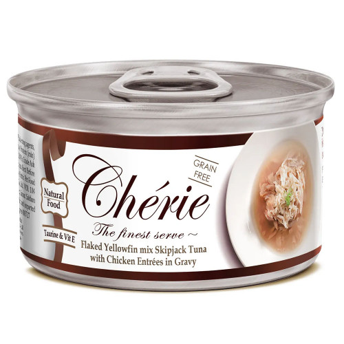 Консерви Cherie Signature для котів, ніжні шматочки жовтоперого та смугастого тунця і курки в соусі, 80 г