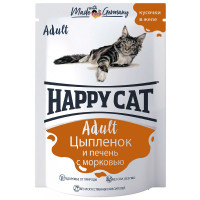 Вологий корм Happy Cat Adult для дорослих котів, курча та печінка з морквою, шматочки в желе, 100 г Вологий корм Happy Cat Adult для дорослих котів, курча та печінка з морквою, шматочки в желе, 100 г