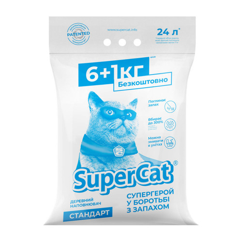 Деревний наповнювач SuperCat Стандарт для котячих туалетів, 6+1 кг