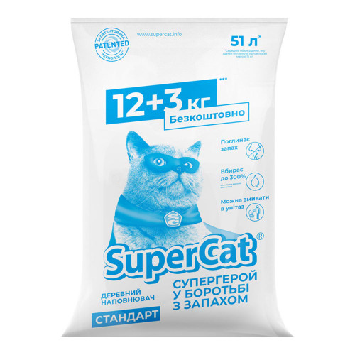 Деревний наповнювач SuperCat Стандарт для котячих туалетів, 12+3 кг