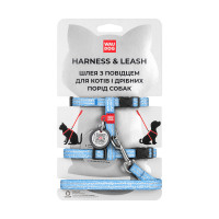 Шлея з повідцем світловідбиваючі WAUDOG Re-cotton для котів, з QR паспортом, бавовна, XS, блакитний