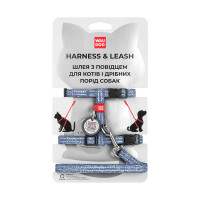 Шлея з повідцем світловідбиваючі WAUDOG Re-cotton для котів, з QR паспортом, бавовна, XS, синій