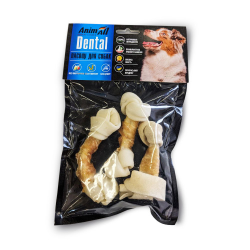 Кістка AnimAll Dental баварська вузлова, для собак, з м'ясом курки, 10-12 см, 3 штуки