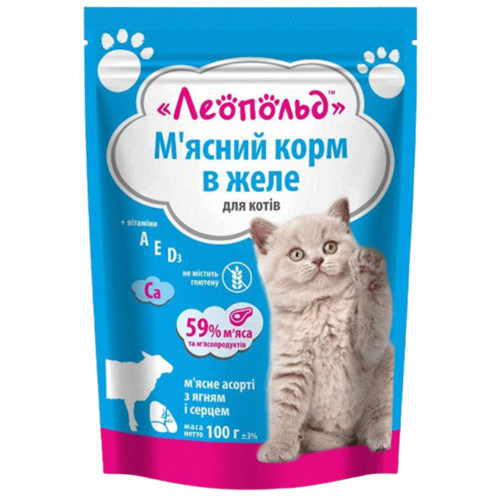 Вологий корм Леопольд для котів, м'ясне асорті з ягням та серцем у желе, 100 г
