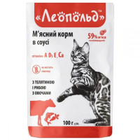 Вологий корм Леопольд М'ясний для котів, з телятиною, рибою та овочами в соусі, 100 г Вологий корм Леопольд М'ясний для котів, з телятиною, рибою та овочами в соусі, 100 г