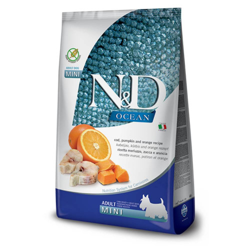 Беззерновой сухой корм Farmina N&D Ocean Adult Mini для взрослых собак мелких пород, с треской, тыквой и апельсином, 800 г