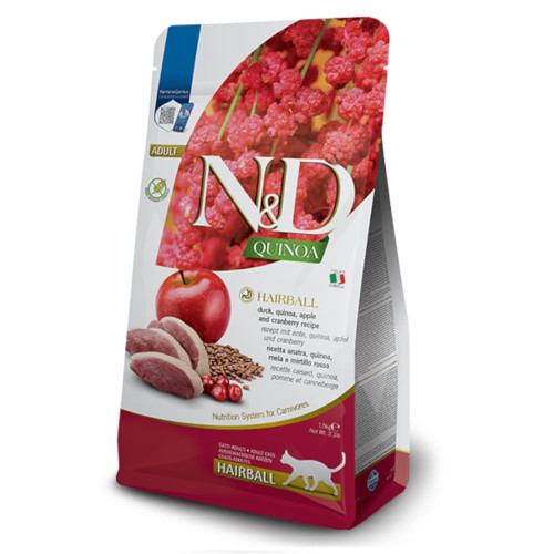 Сухой беззерновой корм Farmina N&D Quinoa Hairball ADULT, для кошек, для стимулирования изгнания волосяных комочков, c уткой, киноа, яблоко и клюква, 1,5 кг