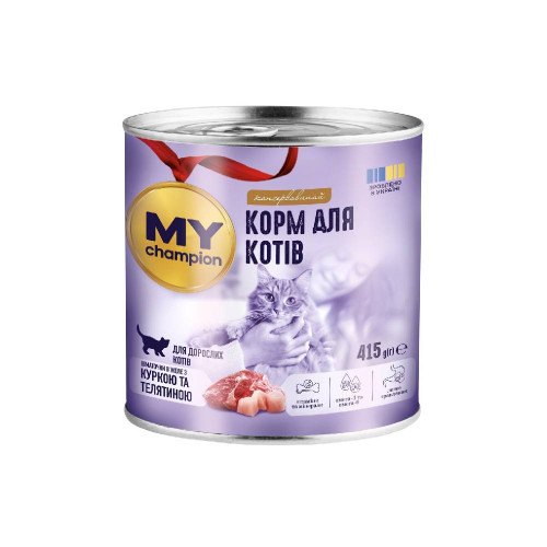 Влажный корм Мой чемпион для кошек, кусочки в желе с курицей и телятиной, 415 г