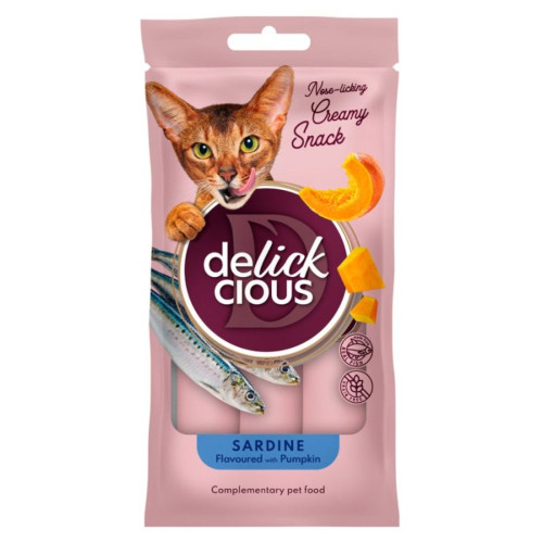 Ласощі Delickcious для котів, кремові з сардиною та гарбузом, додатковий корм, 0.12 кг Ласощі Delickcious для котів, кремові з сардиною та гарбузом, додатковий корм, 0.12 кг
